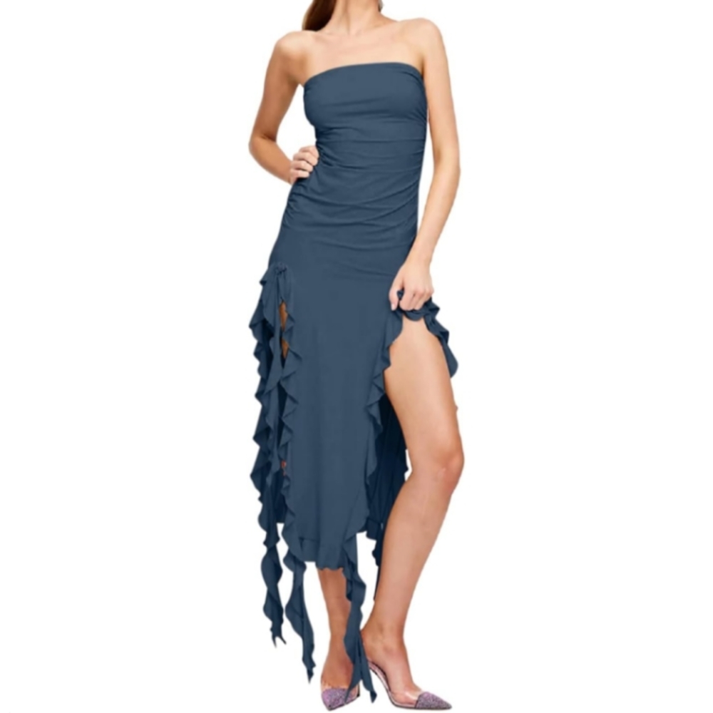 Sexy Y2K Slate Blue Stretch Maxi Date Dress Long High Ruffle Slit Strapless New